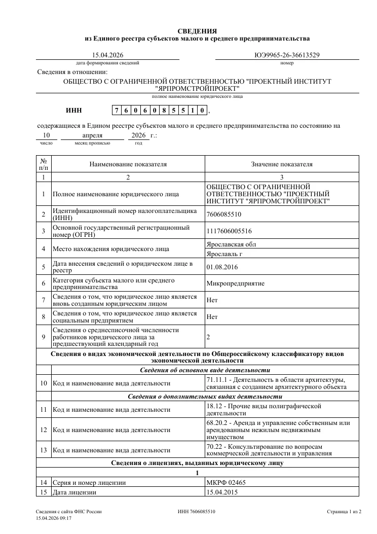 Выписка из Единого реестра субъектов МСП, страница 1
